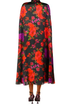 Rodarte Red And Purple Floral Silk Satin Cape Dress Clearance
