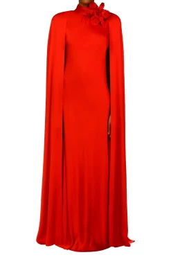 Rodarte Red Silk Satin Cape Gown With Flower Pin Store