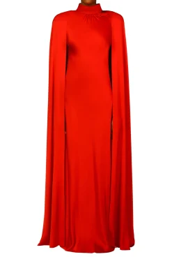 Rodarte Red Silk Satin Cape Gown With Flower Pin Store