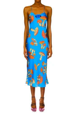 Rodarte Teal Mushroom Printed Silk Satin Slip Dress Flash Sale