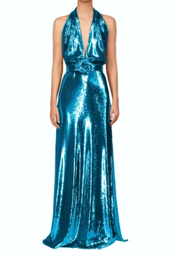 Rodarte Teal Sequin Halter Gown With Sequin Flower Detail Clearance