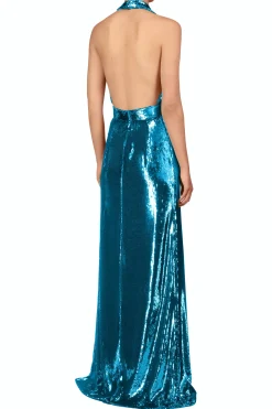 Rodarte Teal Sequin Halter Gown With Sequin Flower Detail Clearance