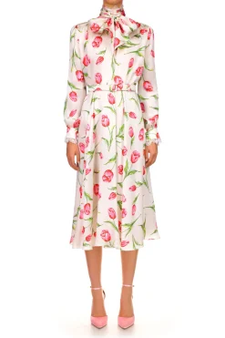 Rodarte Tulip Printed Silk Dress With Sash Tie Neck New