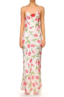 Rodarte Tulip Printed Silk Satin Bias Slip Dress With Silk Flower Clearance