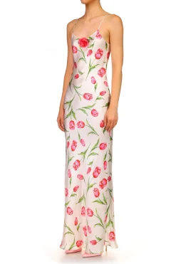 Rodarte Tulip Printed Silk Satin Bias Slip Dress With Silk Flower Clearance