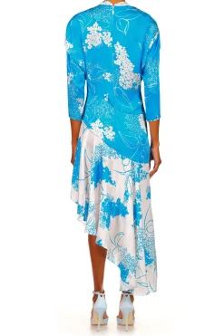 Rodarte Turquoise Floral Printed Silk Jacquard Long Sleeve Dress With Scarf Detail Cheap