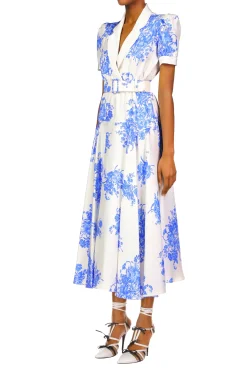 Rodarte White And Blue Floral Printed Silk Twill Collared Dress With Belt Shop