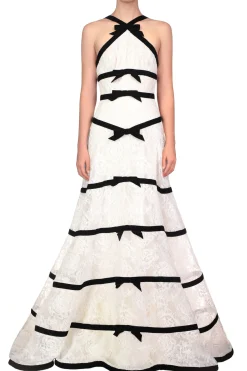 Rodarte White Chorded Lace Halter Gown With Velvet Ribbon Detail Outlet