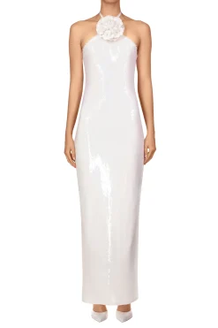 Rodarte White Sequin Halter Gown With Flower Detail Cheap