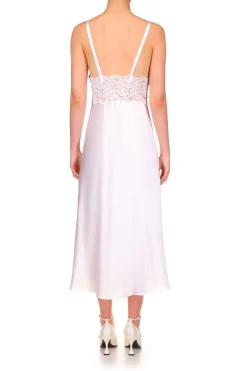 Rodarte White Silk Satin And Lace Bias Slip Dress With Slit And Rose Store