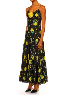 Rodarte Yellow Rose Printed Silk Tiered Dress With Silk Flower New