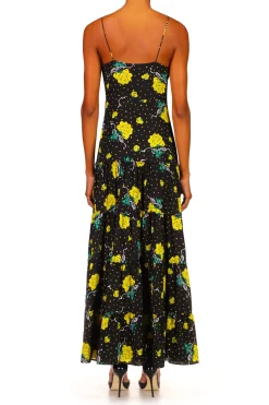 Rodarte Yellow Rose Printed Silk Tiered Dress With Silk Flower New