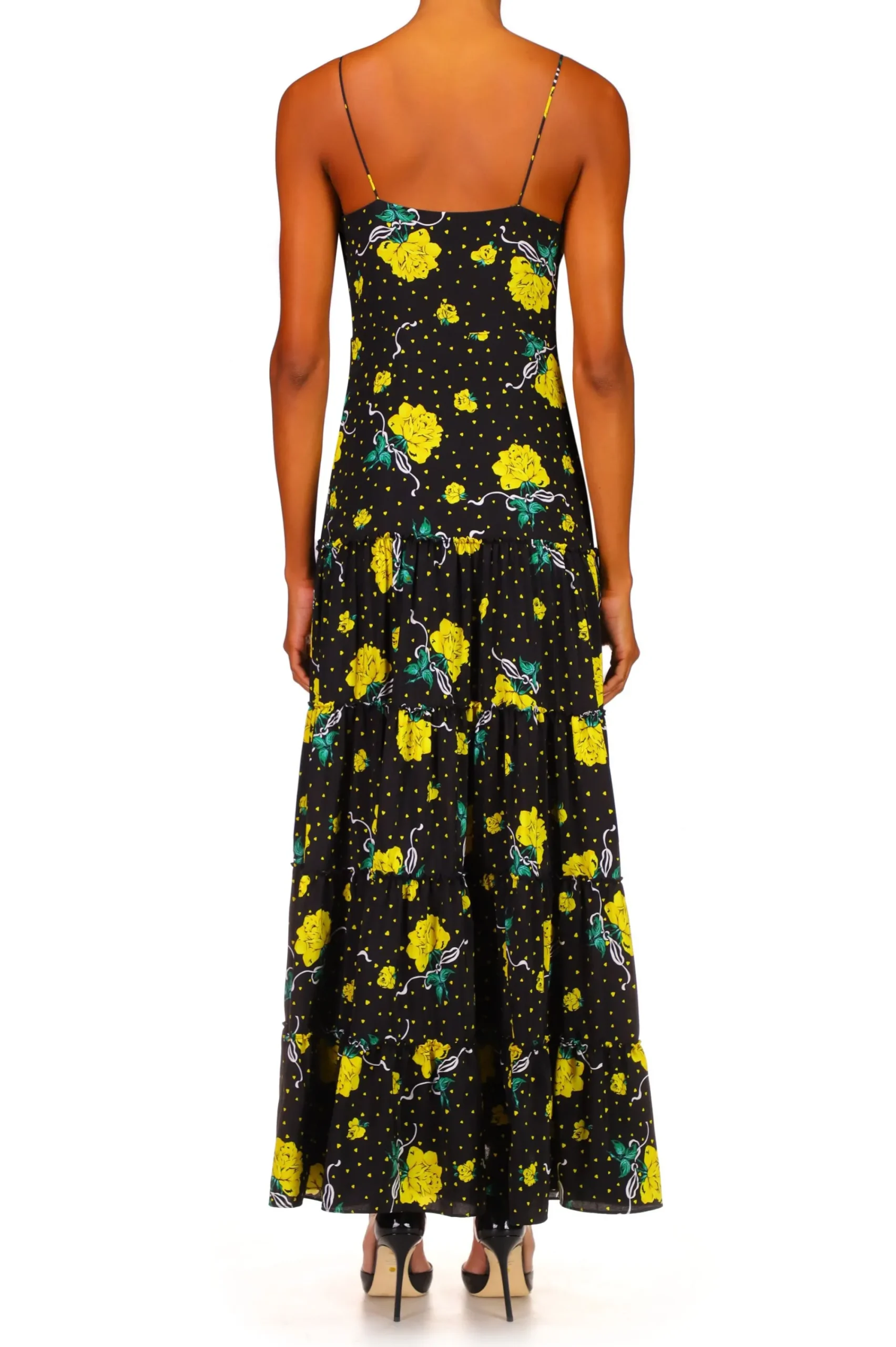 Rodarte Yellow Rose Printed Silk Tiered Dress With Silk Flower New