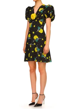 Rodarte Yellow Rose Printed Silk Short Sleeve Mini Dress With Silk Flower Hot