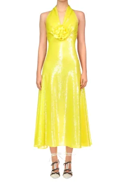 Rodarte Yellow Sequin Halter Bias Dress With Flower Detail Cheap